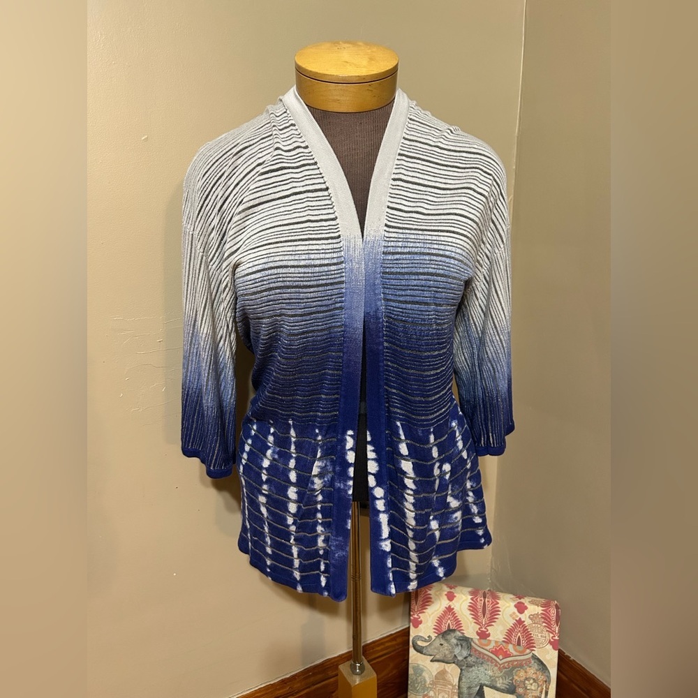 Chicos Travelers Tunic Sweater Size Medium Blue Knit Open Front Topper